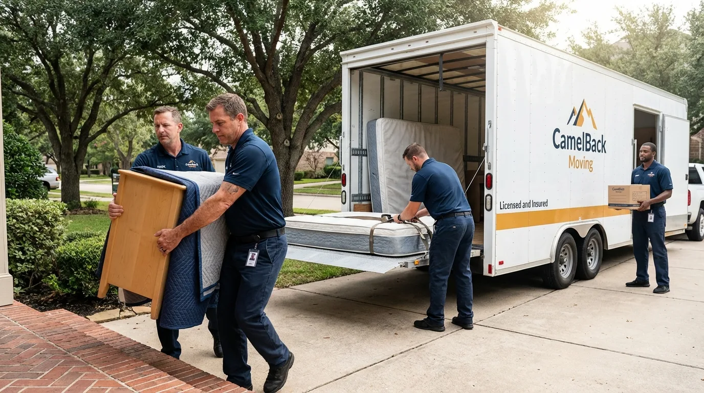 Crew loading residential truck for cross-state move from Saint Francis, WI