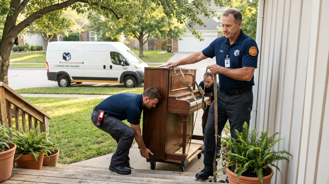 Licensed piano movers securing grand piano in Saint Francis, WI