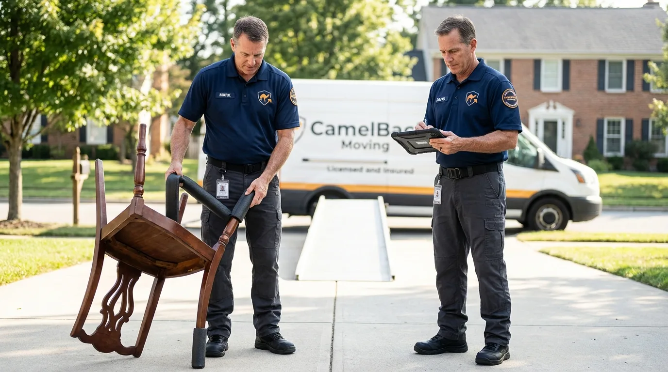 Movers inspecting furniture for damage prevention before loading in Saint Francis, WI