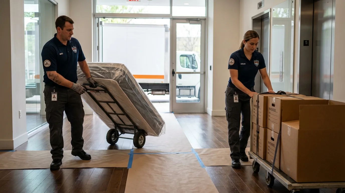 Professional apartment movers loading elevator in Saint Francis, WI