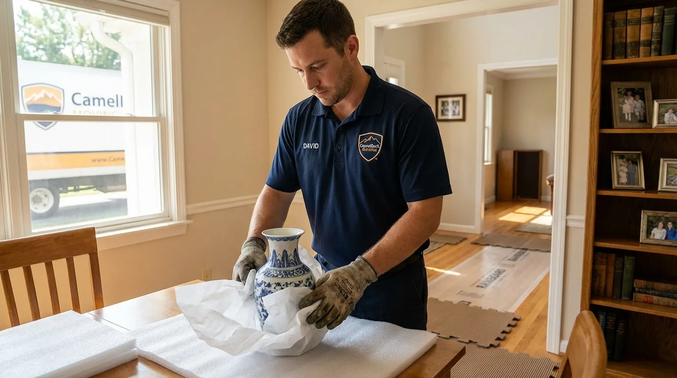 Professional crew carefully wrapping antique vase for senior downsizing move in Saint Francis, WI
